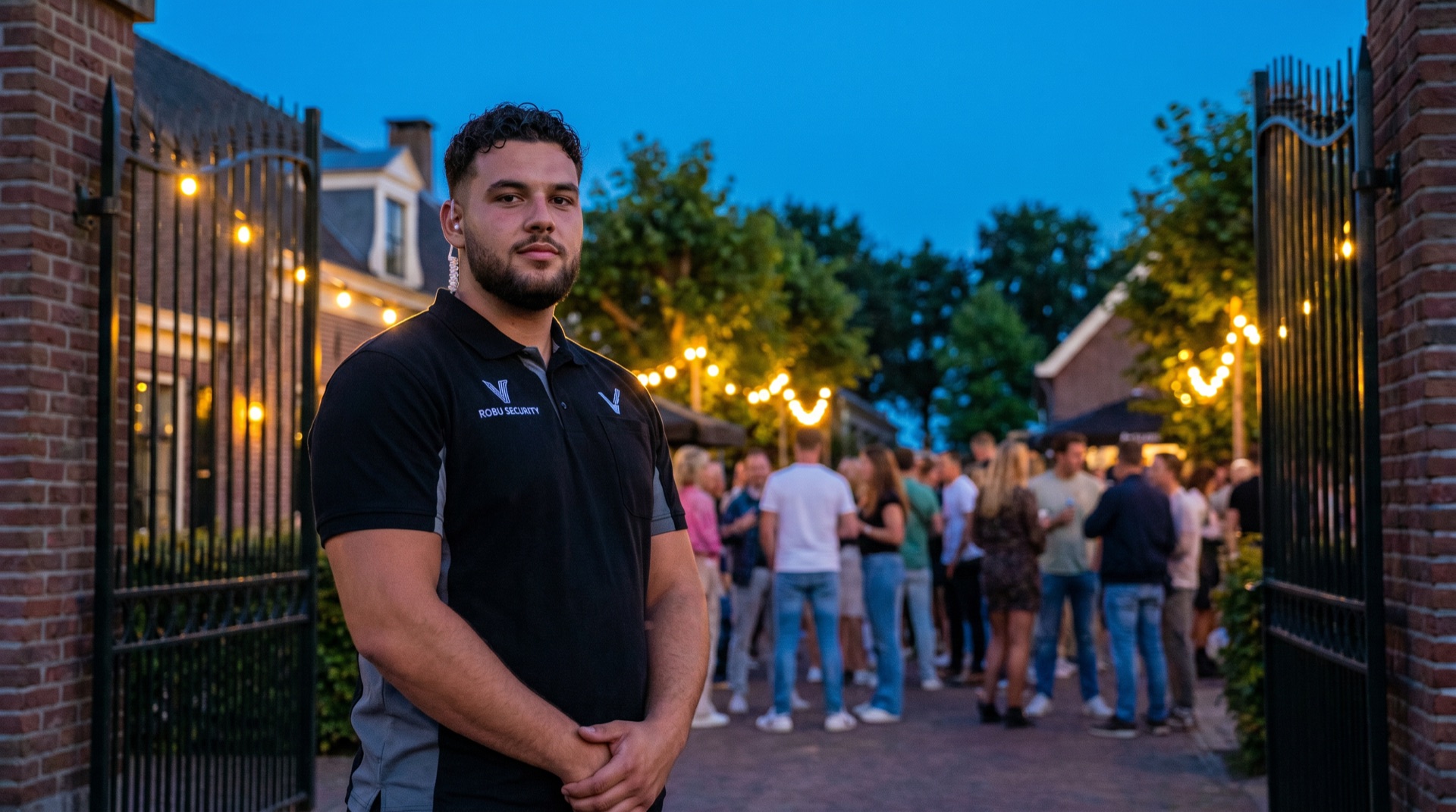 Robu-beveiliger bij de entree van een bedrijfsevenement in de avond